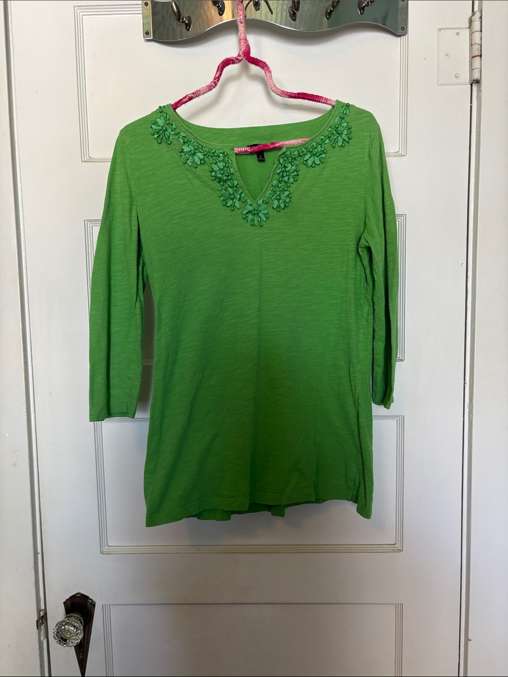 Talbots Green Floral-Embellished V-Neck Women's Top Size M